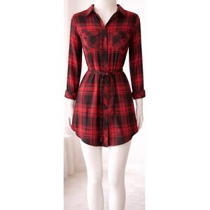 Sanctuary Womens Red Black Plaid Shirt Dress Tie Waist Rayon XS D0546-ZRF214